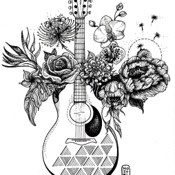 Illustration guitare et fleurs